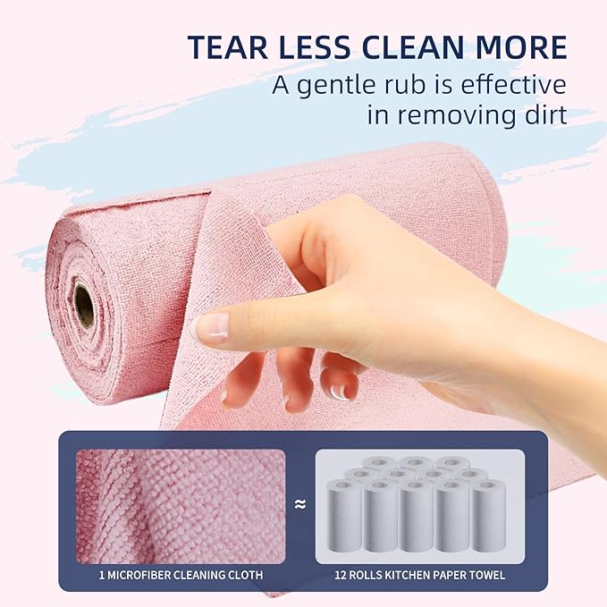 & PLUSH Microfiber Cleaning Cloth Roll - 50 Pack, Tear Away Microfiber Towels, 12" x 12", Reusable, Washable, Streak Free, Ultra Absorbent Dish Rags for Car, Home, Garage or Shop (Pink)