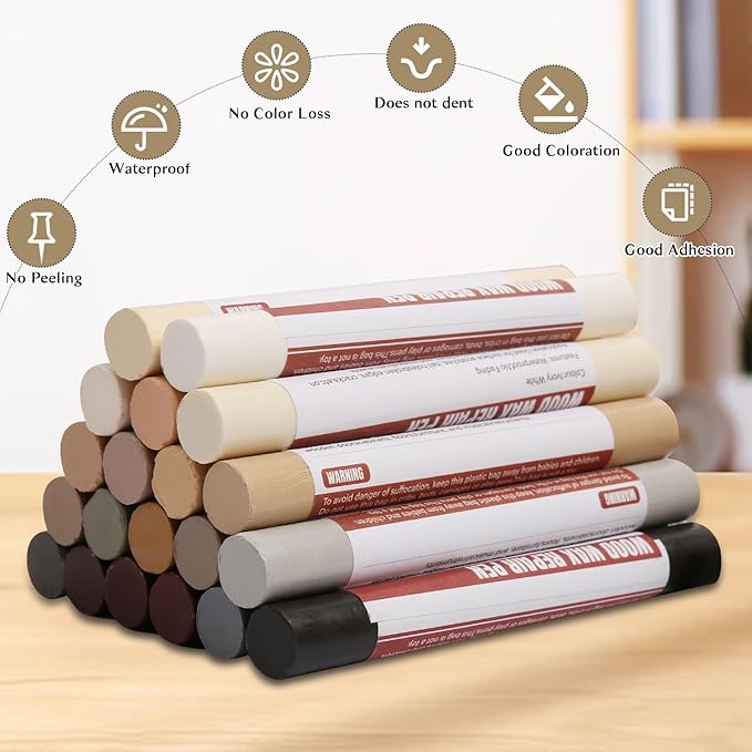 Wood Filler Sticks,20 Colors Wood Repair Wax Crayons,Wood Furniture Markers Touch up for Repairing Scratches, Dings, Cracks and Holes in Wood Floors, Cabinets, Cut Panels(Common Series)