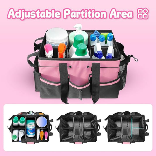Grekos Wearable Cleaning Caddy Bag, Cleaning Caddy Suppliers Organizer with 4 Foldable Dividers, Handle & Shoulder Straps Cleaning Tool Organizers for Cleaners & Housekeeper (Pink)
