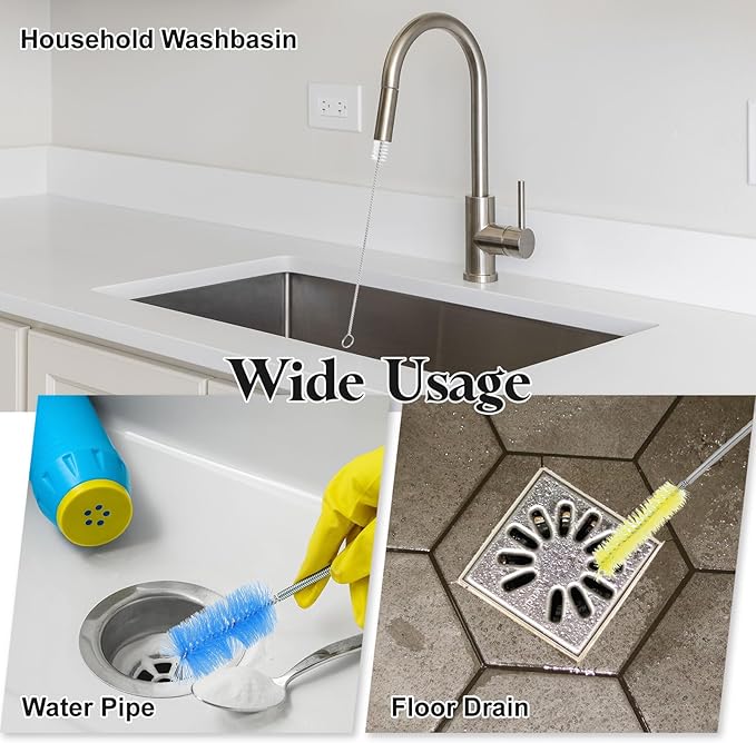 HARFINGTON 3pcs Flexible Long Drain Brush Straw Cleaner Set 78.74" Stainless Steel Double Ended Hose Brush with 8" Nylon Long Tube Pipe Cleaning for Fish Tank Sink Pipe, White