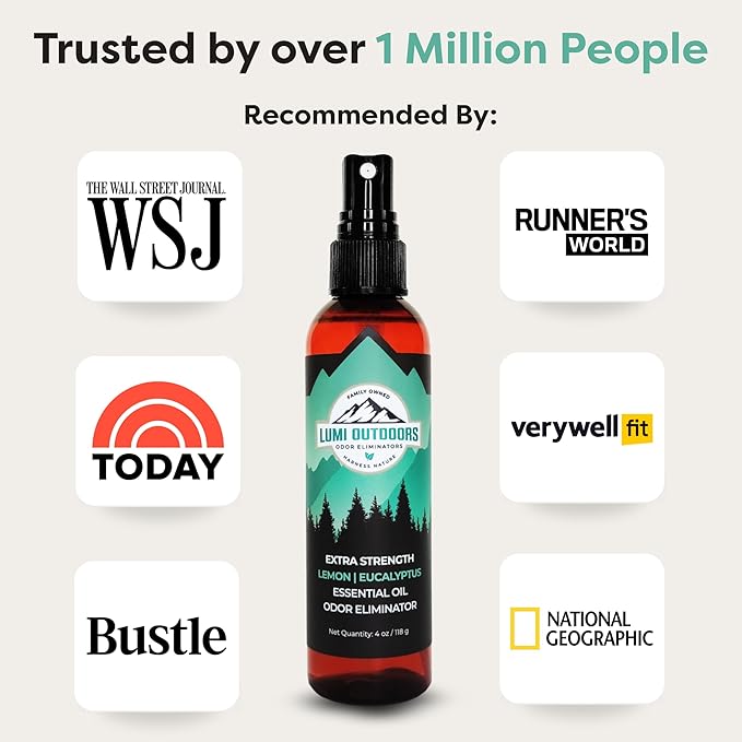 Lumi Outdoors Natural Shoe Deodorizer Spray (700+ Sprays) - Extra Strength Shoe Odor Eliminator for Smelly Shoes & Foot Odor - Replaces Shoe Balls & Inserts - Eucalyptus Lemongrass