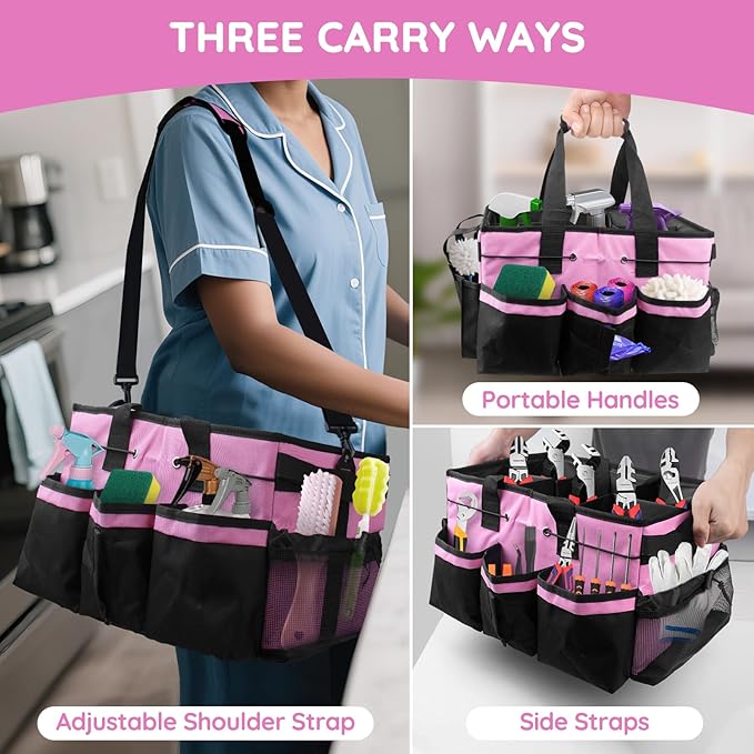 ZKOO Large Cleaning Caddy Bag with Handle, Built-in Sturdy Support Board, Adjustable Shoulder Strap, Multi-compartment Design Cleaning Supply Tote for Cleaners & Housekeepers (Pink)