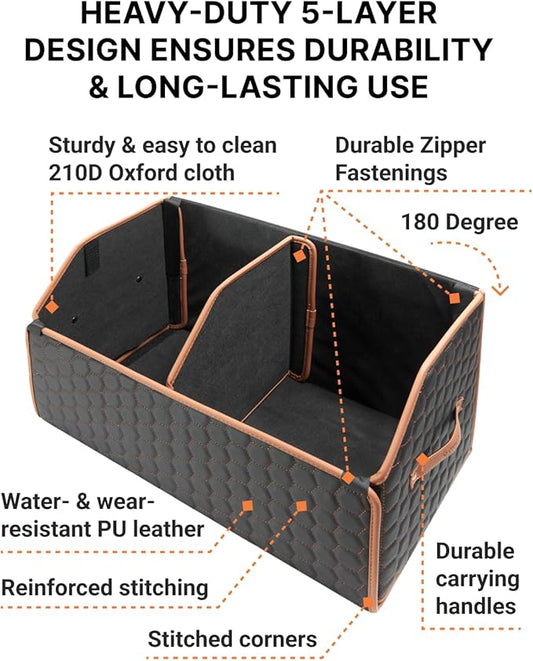 Owleys Sedan Trunk Organizer 17.7" Storage Tote For Groceries, Tools & Travel Gear - Foldable Eco-Leather Car Crate With Magnetic Lid | Stylish Presents For Drivers | Black-Brown (Hexy 17)