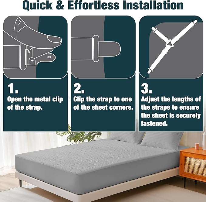 4 Packs Bed Sheet Fasteners, Adjustable Mattress Cover Straps with Metal Clips, Elastic Bed Corner Holders, Non Slip Sheet Clips White
