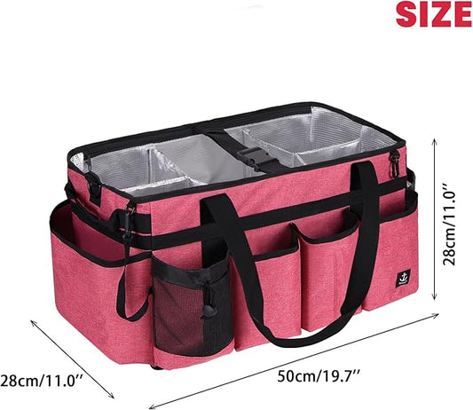 Extra large Cleaning Caddy Bag Built-in Sturdy Support Board, Cleaning Organizer with Detachable Divider, Cleaning Supply Tote with Adjustable Shoulder Strap (Pink, 19'' x 11'' x 11'')