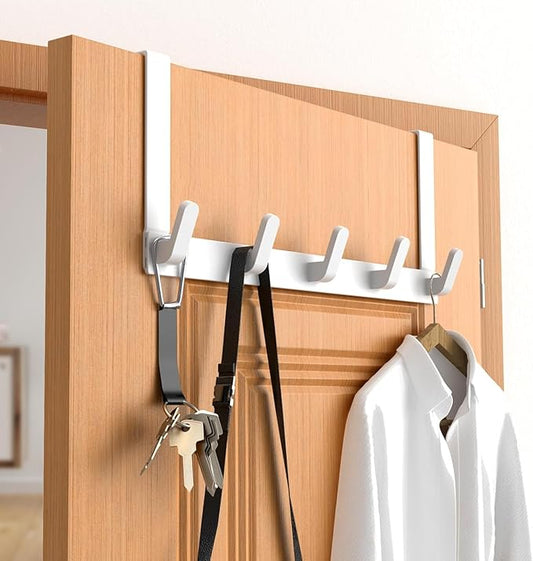 Over The Door Hooks Hanger with Extended Arms, Fits 1 3/8" Doors, L7U - Coat Rack, Bathroom Accessories and Towel Organizer Holder for Coat Robe Hat - 1 Pack, White