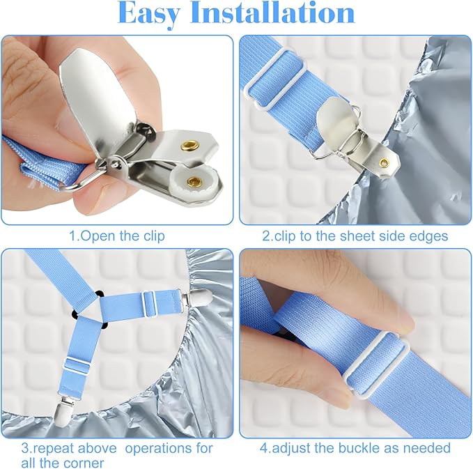 Morcheiong Bed Sheet Fasteners Straps - 4 Pack Adjustable Bed Sheet Holder Strap for Bedding Stays Bedsheet Tie Downs - Blue