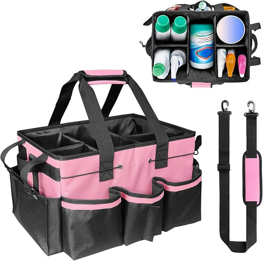 Grekos Wearable Cleaning Caddy Bag, Cleaning Caddy Suppliers Organizer with 4 Foldable Dividers, Handle & Shoulder Straps Cleaning Tool Organizers for Cleaners & Housekeeper (Pink)