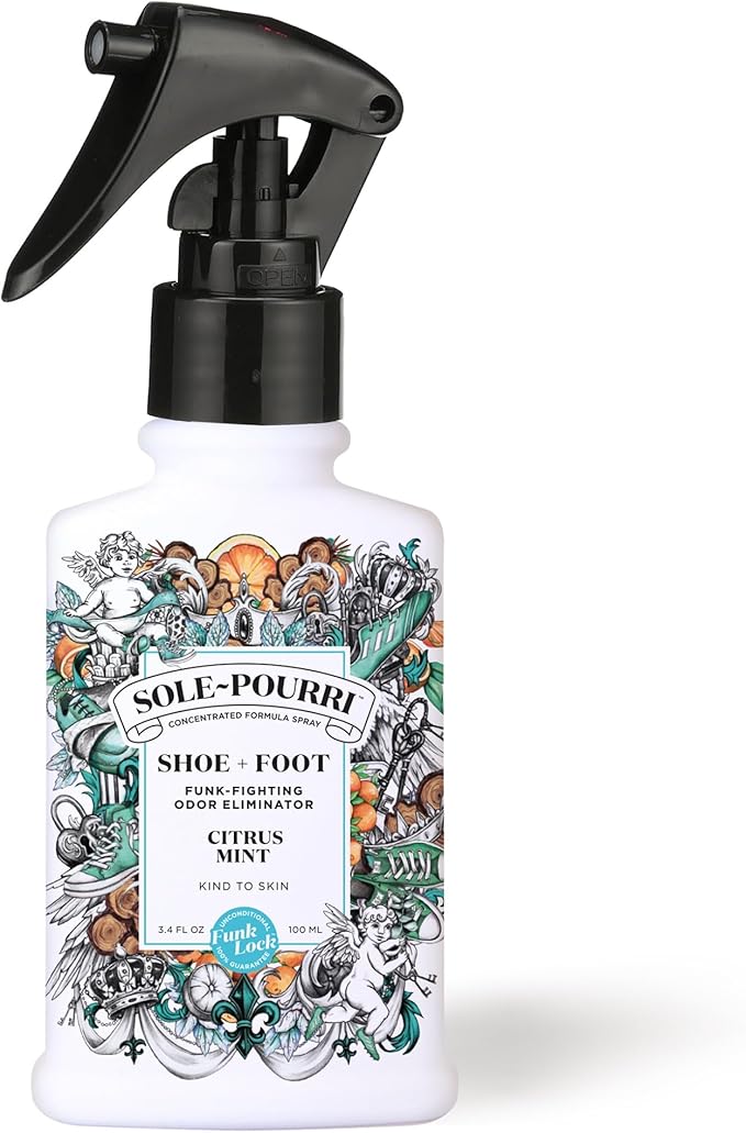 Sole-Pourri Shoe Deodorizer + Foot Spray, 3.4 Fl Oz, Up to 150 Uses, Funk-Fighting Odor Freshener with Essential Oils, for Smelly Shoes, Feet & Gym Bags, Citrus & Mint Scent