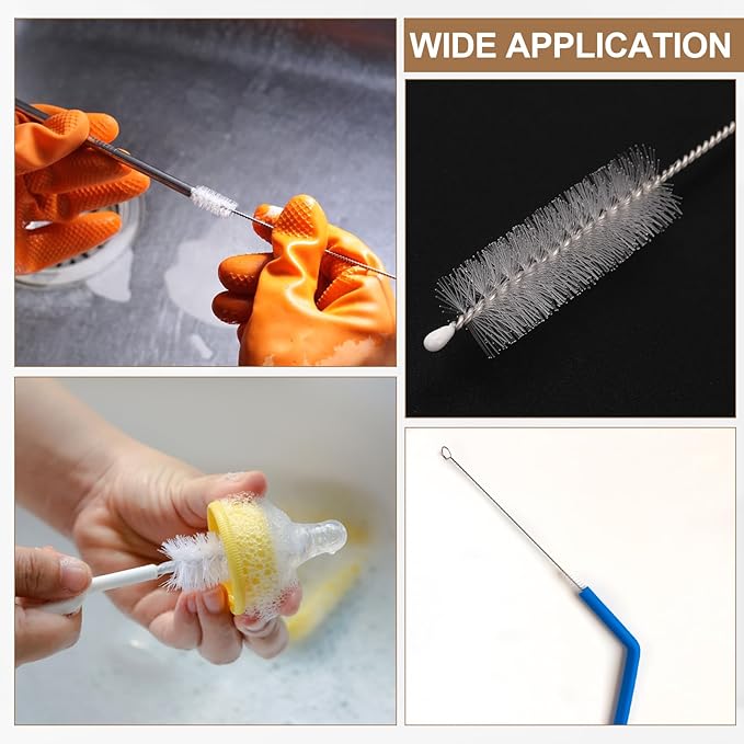 HARFINGTON Straw Cleaner Brush Set, 6 Inch Length 304 Stainless Steel and Nylon Bristles for Water Bottle Silicone Straw Sippy Cup Pipes, White (6mm OD, 10-Piece-Set)