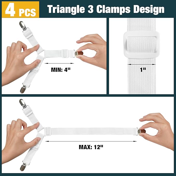 4 Packs Bed Sheet Fasteners, Adjustable Mattress Cover Straps with Metal Clips, Elastic Bed Corner Holders, Non Slip Sheet Clips White