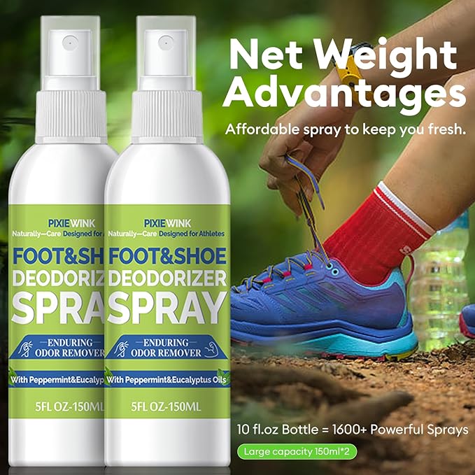 Foot & Shoe Deodorizer Spray, 5 fl.oz Instant Odor Eliminator for Smelly Shoes & Feet - Long-Lasting Freshness, 2-Pack