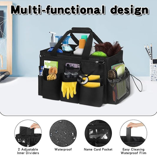 Grekos Wearable Cleaning Caddy Bag, Cleaning Caddy Suppliers Organizer with 4 Foldable Dividers, Handle & Shoulder Straps Cleaning Tool Organizers for Cleaners & Housekeeper (Black)