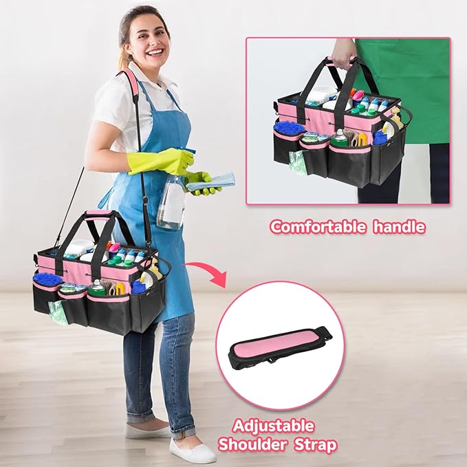 Cleaning Caddy Tote with Removable Dividers - 17.8x12.2x9.3in Waterproof Tool Organizer Bag with Handles & Adjustable Shoulder Strap for Housekeepers, Cleaners & Car Detailing Supplies (Pink)