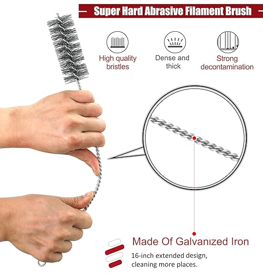 16 Inch Extra Long Pipe Cleaning Brush Set Abrasive Filament, 8 Piece Variety Pack for Removal of Rust, Corrosion, Paint, Etc.