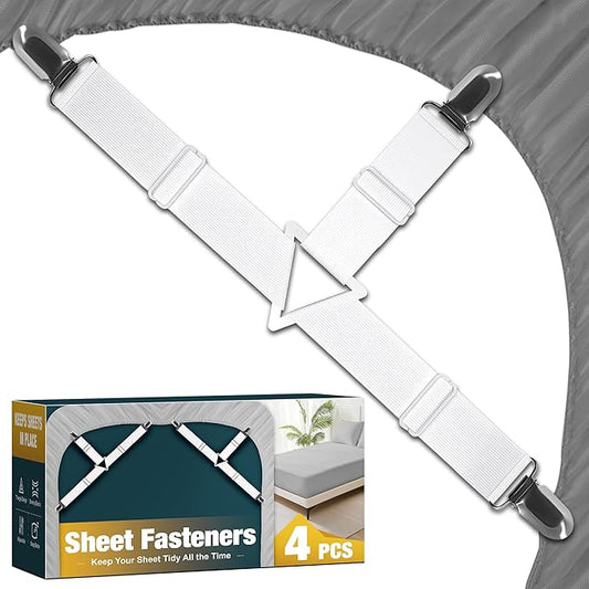 4 Packs Bed Sheet Fasteners, Adjustable Mattress Cover Straps with Metal Clips, Elastic Bed Corner Holders, Non Slip Sheet Clips White