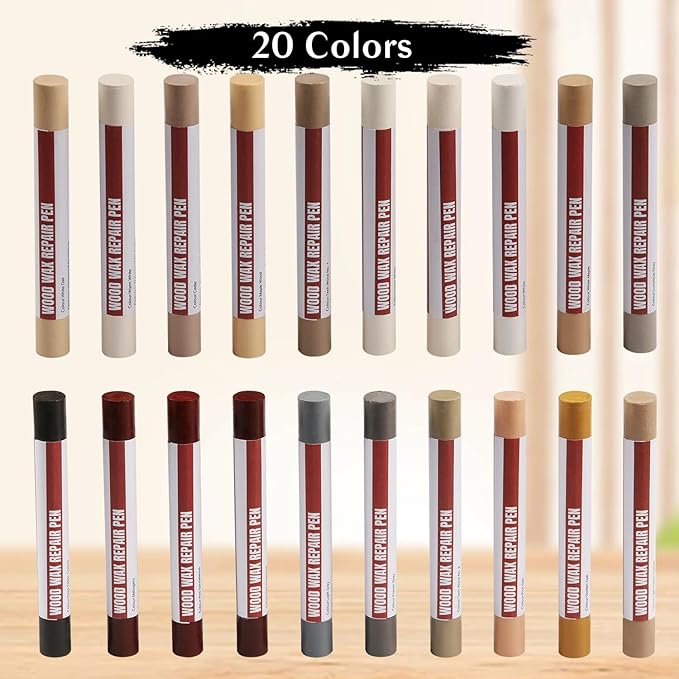 Wood Filler Sticks,20 Colors Wood Repair Wax Crayons,Wood Furniture Markers Touch up for Repairing Scratches, Dings, Cracks and Holes in Wood Floors, Cabinets, Cut Panels(Common Series)