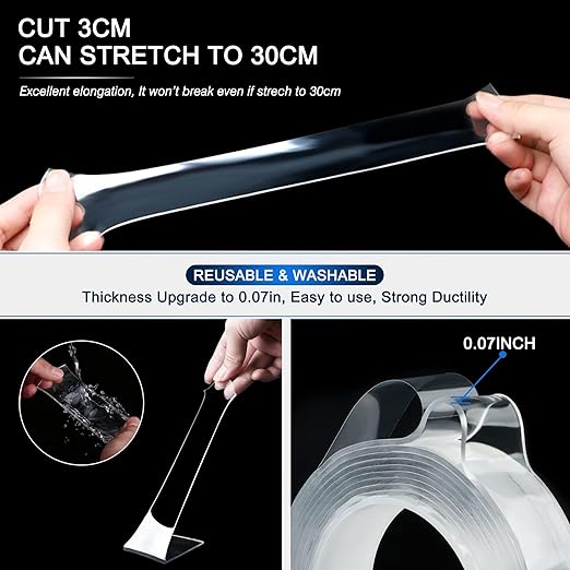 Double Sided Tape Heavy Duty (10FT) Mounting Tape Strong Adhesive Strips Sticky Nano Tape Multipurpose Removable Transparent Two Sided Poster Tape for Paste Items, Household