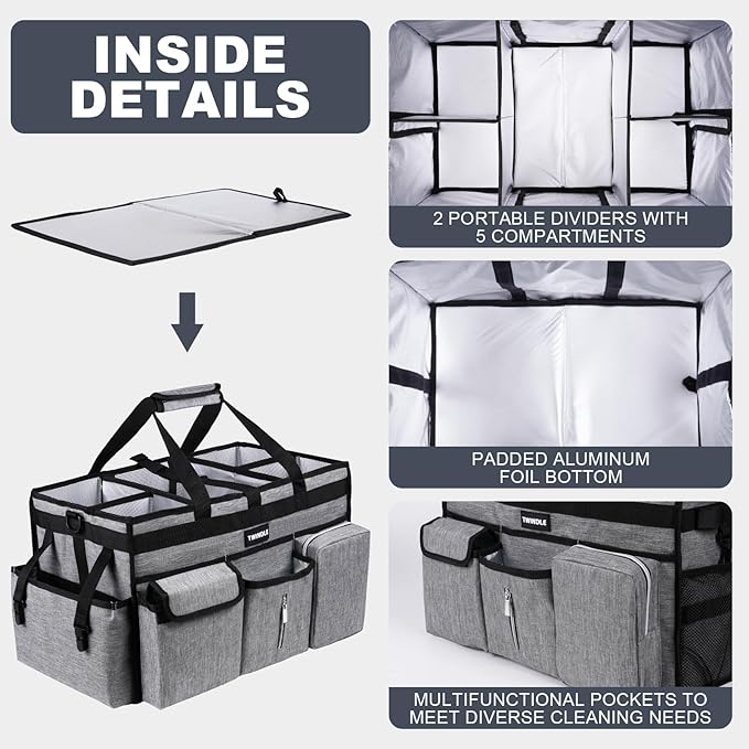 Extra Large Cleaning Caddy Bag with Rigid Support Board, Cleaning Organizer Tote with Detachable Divider, Adjustable Shoulder Strap & Waist Belt, Cleaning Supply Carrier for Cleaners & Housekeepers