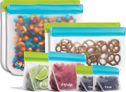 (re) zip 8-Piece Deluxe Bundle Reusable Storage Bags | BPA-Free, Food Grade, Leakproof, Freezer and Dishwasher Safe (Green, Aqua)