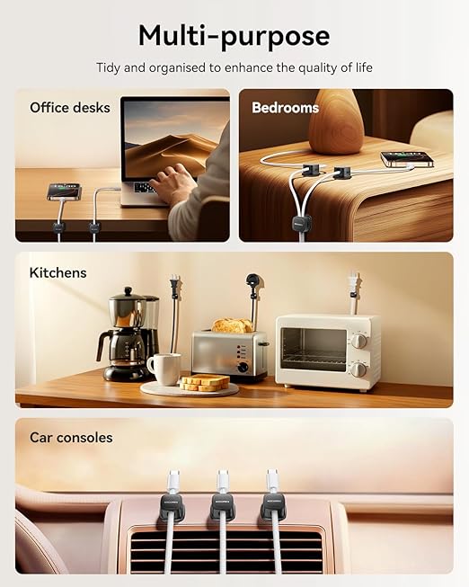 6 Pack Cable Management Cord Organizer,Magnetic Cable Clips-1s Lock,Rocoren Desk Adhesive Cord Cable Clip Wire Holder Keeper for Phone Charger Wire,Nightstand,Car,Office,Desktop Accessory,Black