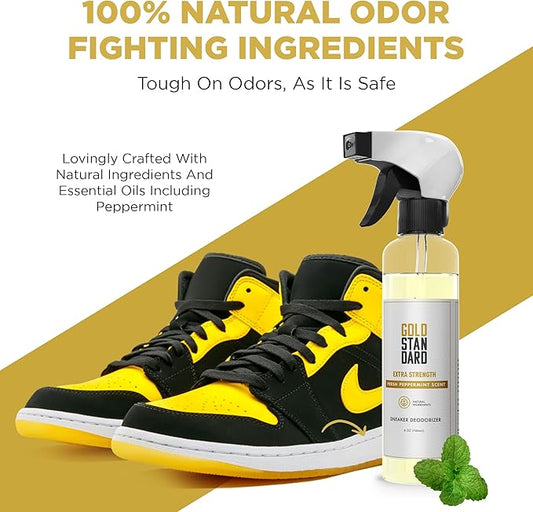 Gold Standard Natural Sneaker Deodorizer Spray, 2 Pack, 6 oz Shoe Odor Eliminator, Extra Strength & Long-Lasting Peppermint Fresh Scent, Shoe Deodorizer Spray
