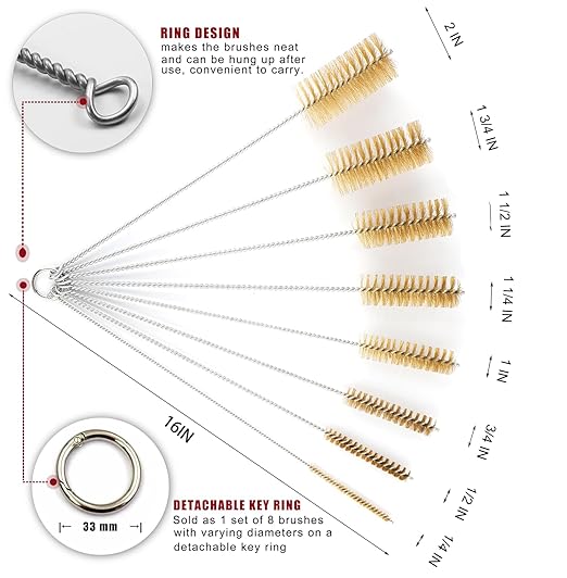 16 Inch Extra Long Pipe Cleaning Brush Set with Brass Bristles, 8 Piece Variety Pack for Auto Parts, Bottles,Tubes, Etc.