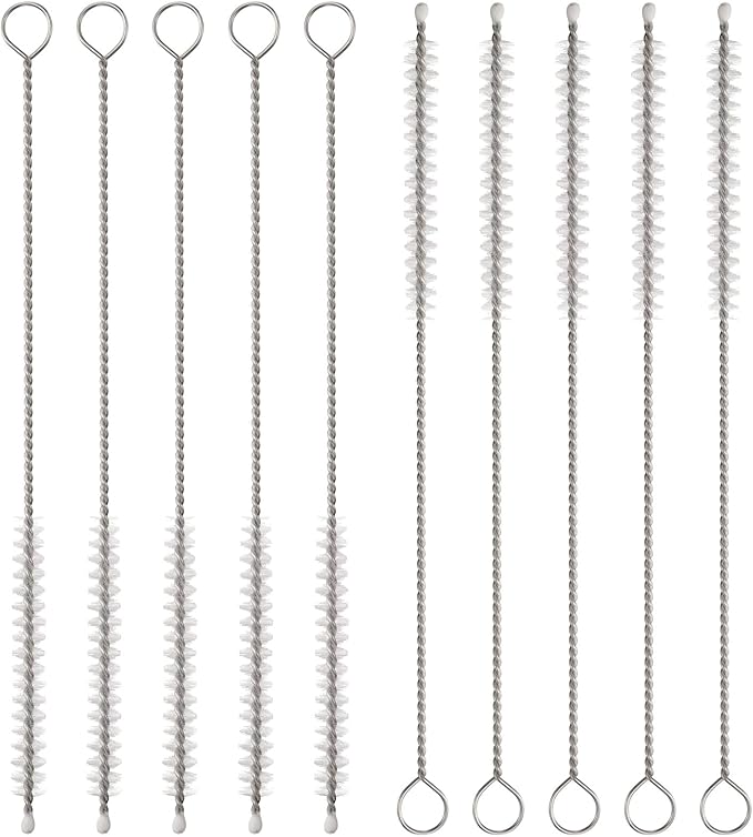 HARFINGTON Straw Cleaner Brush Set, 6 Inch Length 304 Stainless Steel and Nylon Bristles for Water Bottle Silicone Straw Sippy Cup Pipes, White (6mm OD, 10-Piece-Set)