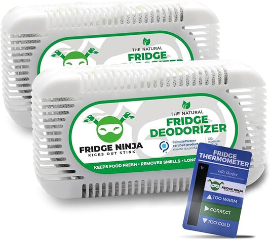 Fridge Ninja Fridge Deodorizer (2 Pack) - More Effective Than Baking Soda - Natural and Unscented Activated Charcoal Refrigerator Deodorizer and Odor Eliminator for Freezers, Coolers, and Lunch Boxes