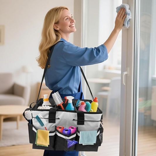 ZKOO Large Cleaning Caddy Bag with Handle, Built-in Sturdy Support Board, Adjustable Shoulder Strap, Multi-compartment Design Cleaning Supply Tote for Cleaners & Housekeepers (White)