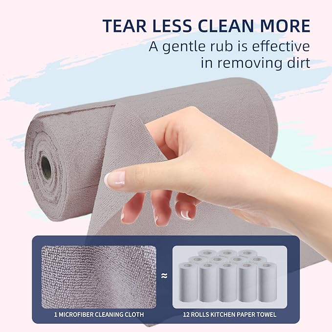 & PLUSH Microfiber Cleaning Cloth Roll - 70 Pack, Tear Away Microfiber Towels, 12" x 12", Reusable, Washable, Streak Free, Ultra Absorbent Dish Rags for Car, Home, Garage or Shop (Grey and Pink)