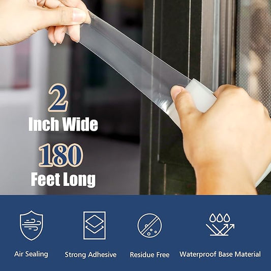 Heavy Duty Window Weather Sealing Tape - Transparent Window Tape for Winter and AC Insulation, No Mess Winter Window Seal Kit - 2 Inch Wide 180 FT Long
