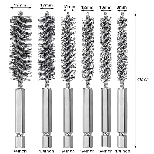 6 Pieces Stainless Steel Bore Brush in Different Sizes + 15 Pcs Cleaning Needles Nylon Brushes Tools, Twisted Wire Brush with Handle 1/4 Inch Hex Shank Attachment Drill Set for Tubes Ports Bearings