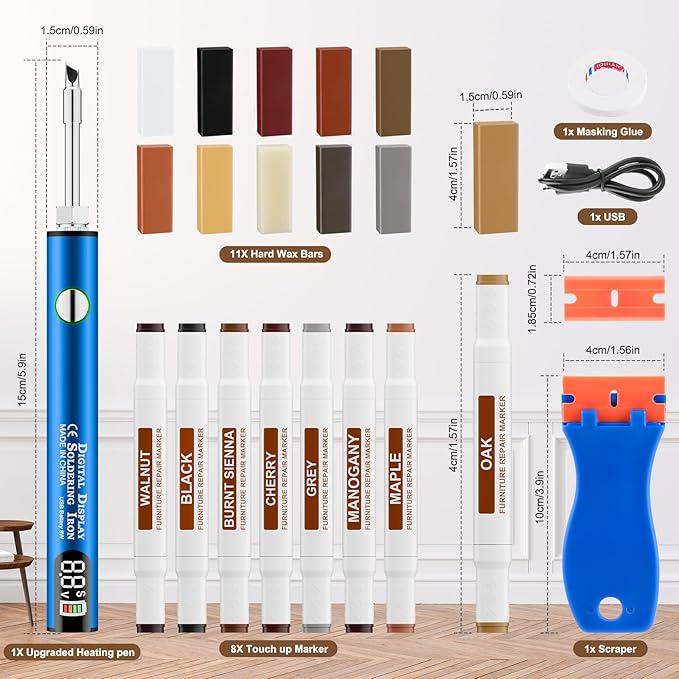 Laminate Wood Floor Repair Kit, Wax Melting Tool with Display, Hard Wax Filler, Marker Pen, Furniture and Countertop Repair Set,Blue