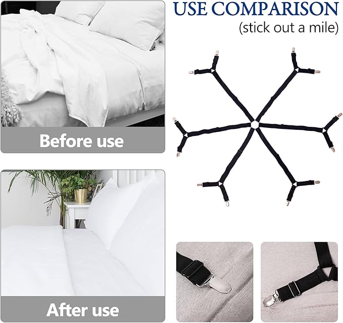 TGOOD Gift for Mum!Sheet Fasteners keepers-Adjustable Elastic Bed Sheet Holder Straps for Full,Queen,King Twin Bed,6 Way Cross Sheet Clips Suspenders Band,Fitted Round and Square Mattresses.(black)