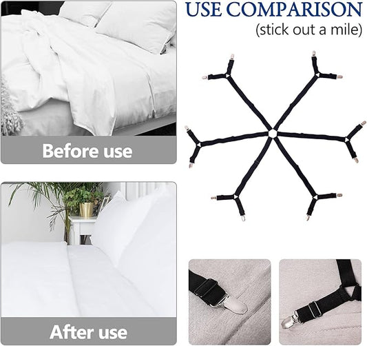 TGOOD Gift for Mum!Sheet Fasteners keepers-Adjustable Elastic Bed Sheet Holder Straps for Full,Queen,King Twin Bed,6 Way Cross Sheet Clips Suspenders Band,Fitted Round and Square Mattresses.(black)