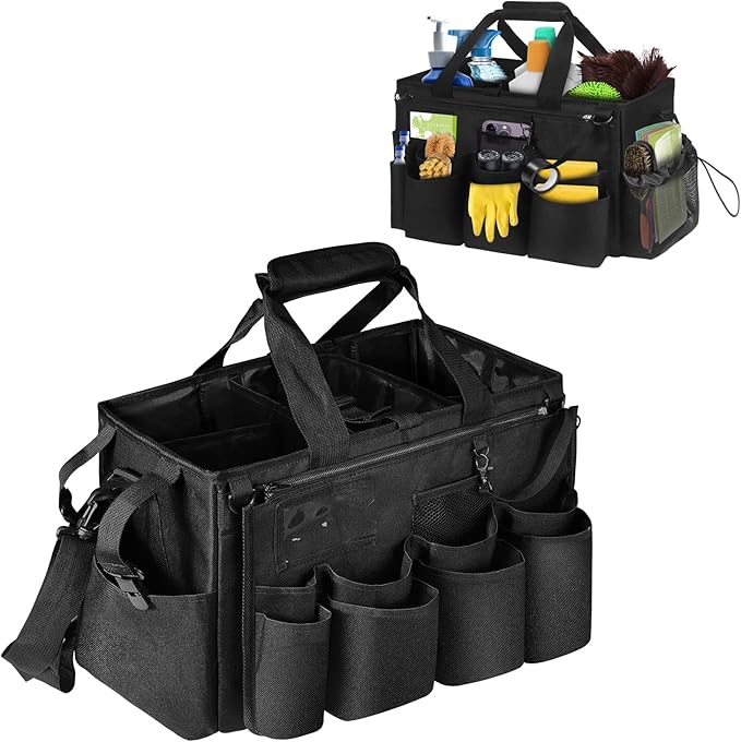 Grekos Wearable Cleaning Caddy Bag, Cleaning Caddy Suppliers Organizer with 4 Foldable Dividers, Handle & Shoulder Straps Cleaning Tool Organizers for Cleaners & Housekeeper (Black)