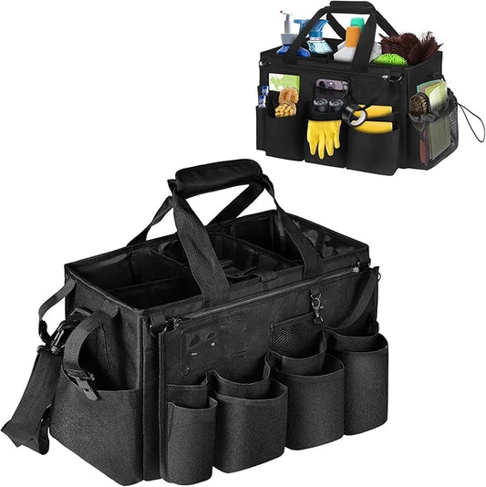 Grekos Wearable Cleaning Caddy Bag, Cleaning Caddy Suppliers Organizer with 4 Foldable Dividers, Handle & Shoulder Straps Cleaning Tool Organizers for Cleaners & Housekeeper (Black)