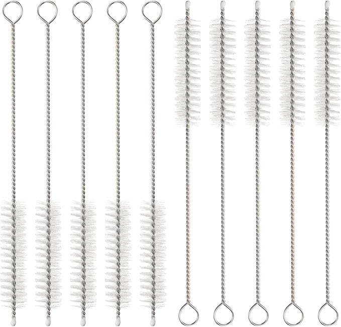 HARFINGTON Straw Cleaner Brush Set, 6 Inch Length 304 Stainless Steel and Nylon Bristles for Water Bottle Silicone Straw Sippy Cup Pipes, White (12mm OD, 10-Piece-Set)