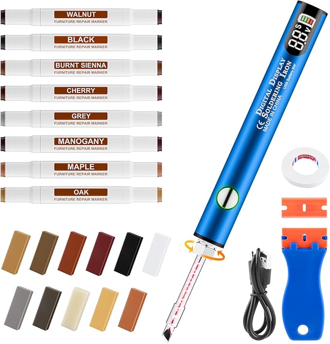 Laminate Wood Floor Repair Kit, Wax Melting Tool with Display, Hard Wax Filler, Marker Pen, Furniture and Countertop Repair Set,Blue