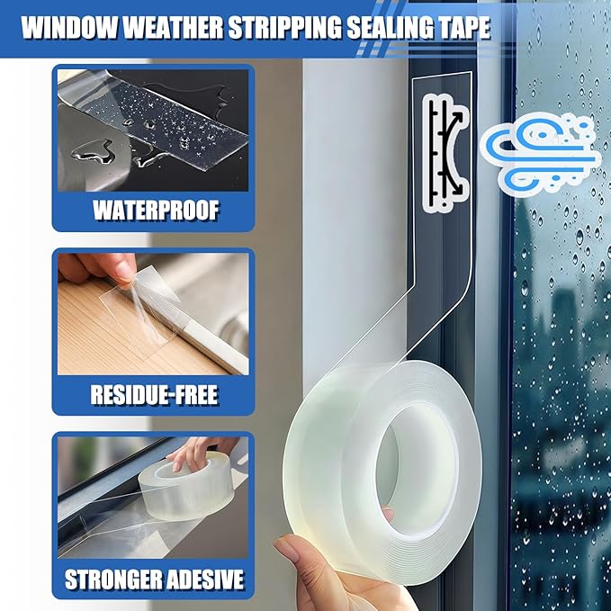 Window Weather Sealing Tape 3 in x 33 FT Weather Stripping Weatherproof Draft Stopper Clear Window Insulation Tape for Doors Windows Garages RVs Energy Saving Kit