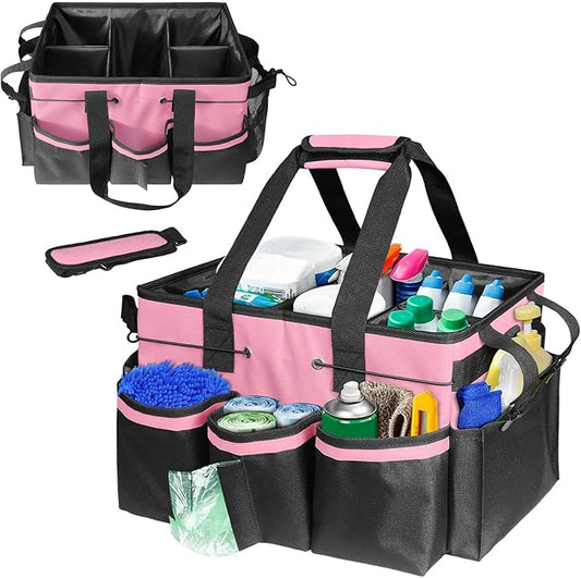 Cleaning Caddy Tote with Removable Dividers - 17.8x12.2x9.3in Waterproof Tool Organizer Bag with Handles & Adjustable Shoulder Strap for Housekeepers, Cleaners & Car Detailing Supplies (Pink)