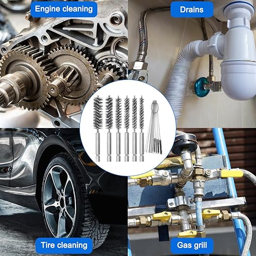 6 Pieces Stainless Steel Bore Brush in Different Sizes + 15 Pcs Cleaning Needles Nylon Brushes Tools, Twisted Wire Brush with Handle 1/4 Inch Hex Shank Attachment Drill Set for Tubes Ports Bearings