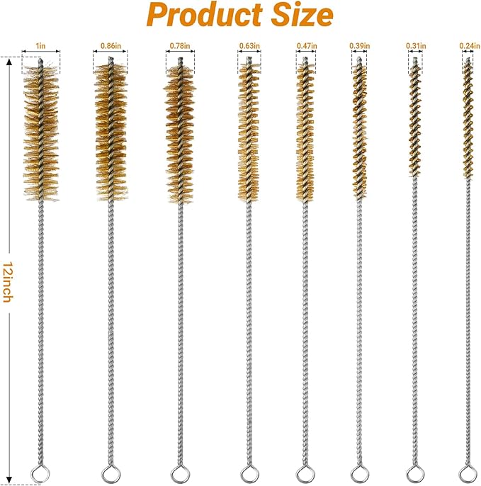 8Pcs Tube Cleaning Brush,Brass Stainless Steel Engine Cleaning Brushes,12 inch Long Round Wire Pipe Cleaner for Deep Pipes,Auto Parts, Engine Parts,8 Sizes