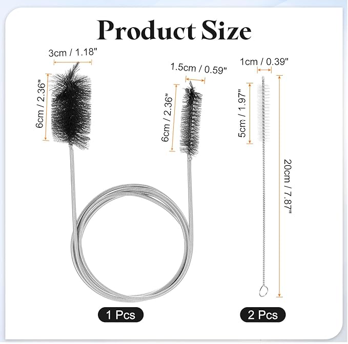 HARFINGTON 3pcs Flexible Long Drain Brush Straw Cleaner Set 61.02" Stainless Steel Double Ended Hose Brush with 8" Nylon Long Tube Pipe Cleaning for Fish Tank Sink Pipe, Black