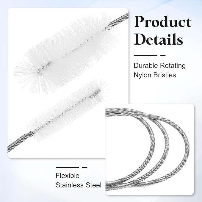 HARFINGTON 3pcs Flexible Long Drain Brush Straw Cleaner Set 78.74" Stainless Steel Double Ended Hose Brush with 8" Nylon Long Tube Pipe Cleaning for Fish Tank Sink Pipe, White