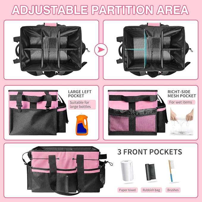 Cleaning Caddy Tote with Removable Dividers - 17.8x12.2x9.3in Waterproof Tool Organizer Bag with Handles & Adjustable Shoulder Strap for Housekeepers, Cleaners & Car Detailing Supplies (Pink)