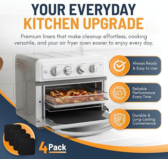 Toaster Oven Liners for Bottom of Oven (4 Pack) Reusable Non-Stick Heat Resistant Toaster Liners, Compatible with Ninja, Cuisinart, Emeril Lagasse & More, Toaster Mat, 12"x12" (Black)