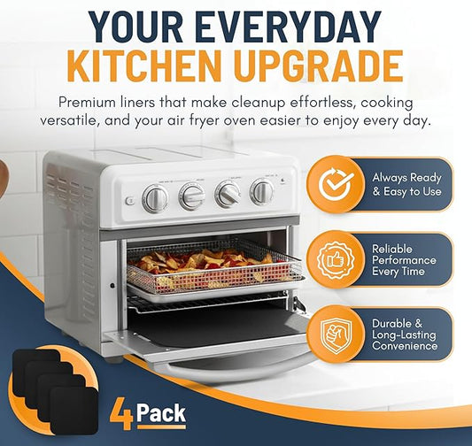 Toaster Oven Liners for Bottom of Oven (4 Pack) Reusable Non-Stick Heat Resistant Toaster Liners, Compatible with Ninja, Cuisinart, Emeril Lagasse & More, Toaster Mat, 12"x12" (Black)