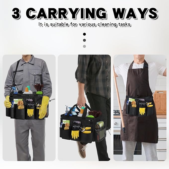 Grekos Wearable Cleaning Caddy Bag, Cleaning Caddy Suppliers Organizer with 4 Foldable Dividers, Handle & Shoulder Straps Cleaning Tool Organizers for Cleaners & Housekeeper (Black)